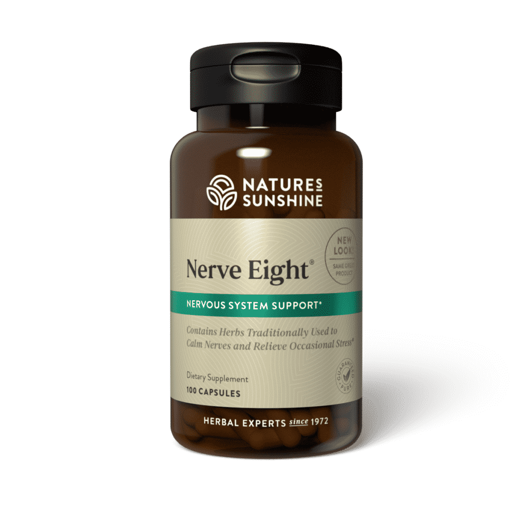 Nerve Eight supplement bottle offering natural nerve support with calming herbs.