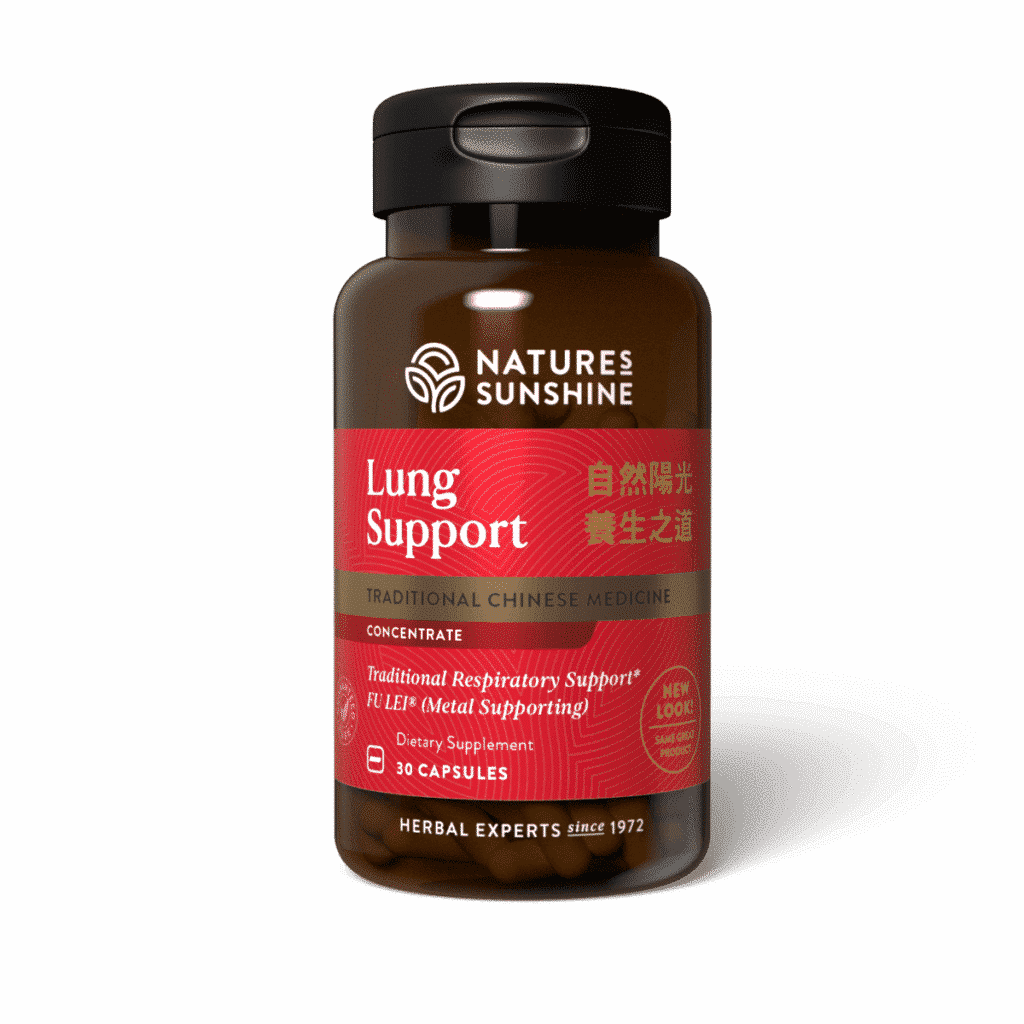 Lung Support TCM Concentrate bottle with traditional Chinese herbs, representing natural respiratory health, lung qi balance, and immune support.