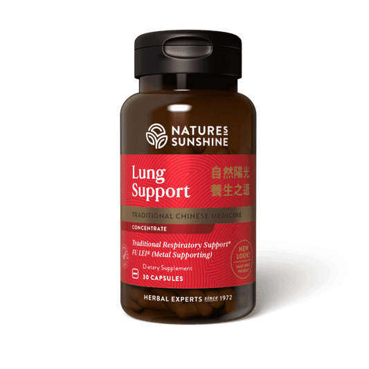 Lung Support TCM Concentrate bottle with traditional Chinese herbs, representing natural respiratory health, lung qi balance, and immune support.
