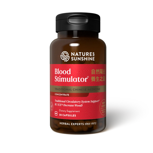Blood Stimulator TCM Concentrate bottle with traditional herbs, symbolizing natural support for circulation, menstrual health, and energy balance.