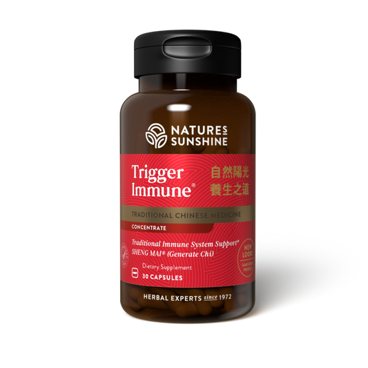 Trigger Immune TCM Concentrate bottle with traditional Chinese herbs, representing immune system activation and respiratory support.