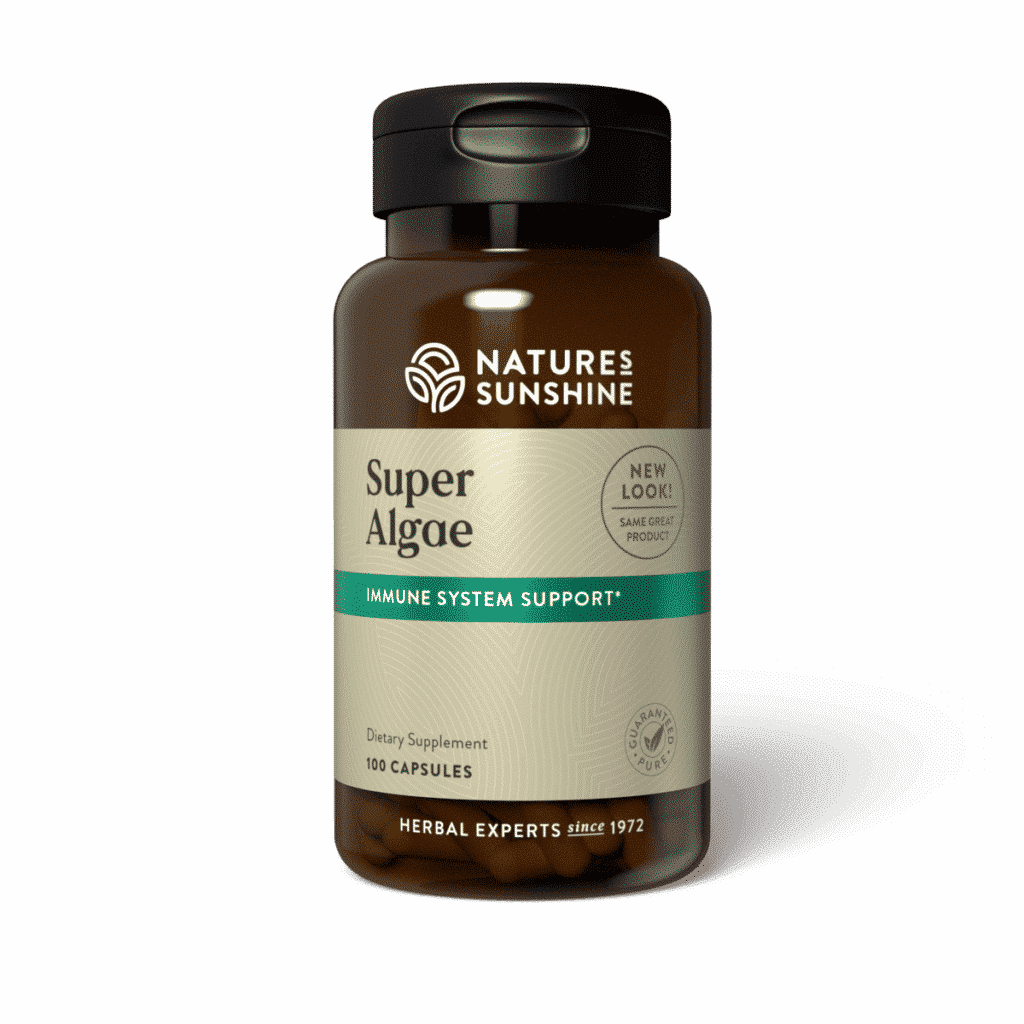 Super algae supplement with spirulina, chlorella, and blue-green algae for energy and detox support.