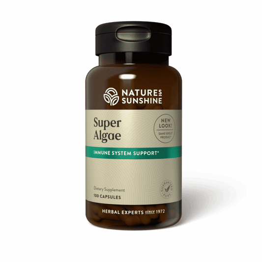 Super algae supplement with spirulina, chlorella, and blue-green algae for energy and detox support.