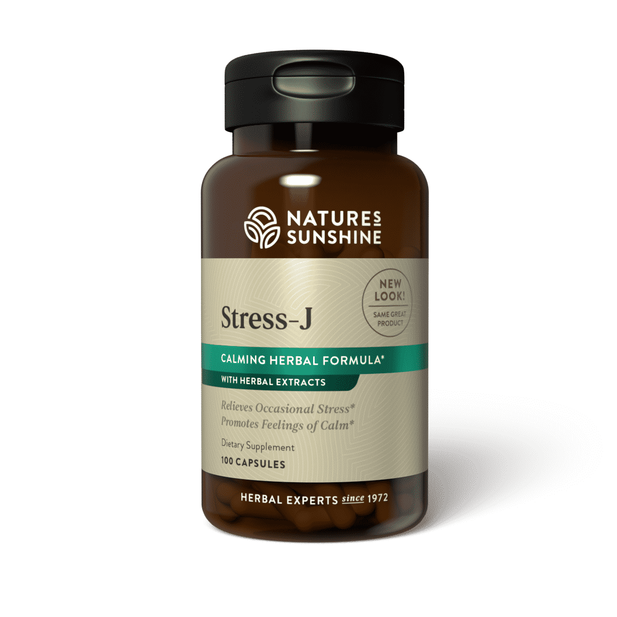 Stress-J natural stress relief capsules with calming herbal ingredients.