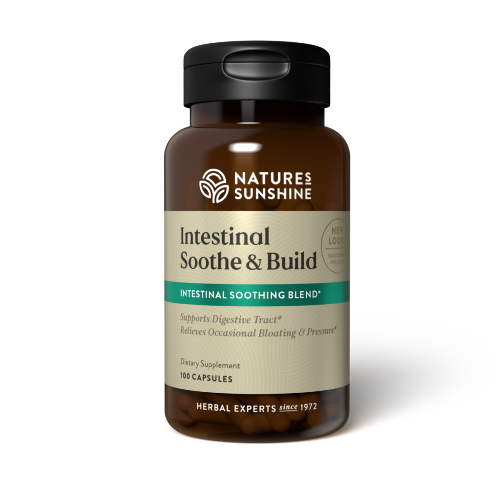 Intestinal Soothe & Build supplement with marshmallow root and slippery elm for digestive lining support and gut comfort.