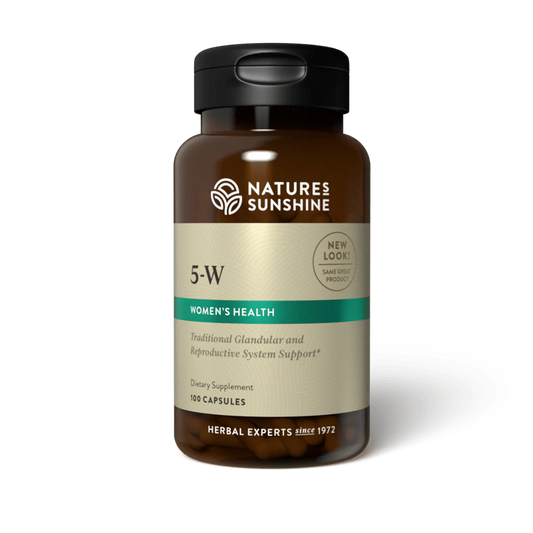 5-W Herbal Supplement bottle with botanical ingredients, representing uterine support, birth preparation, and women’s reproductive wellness.