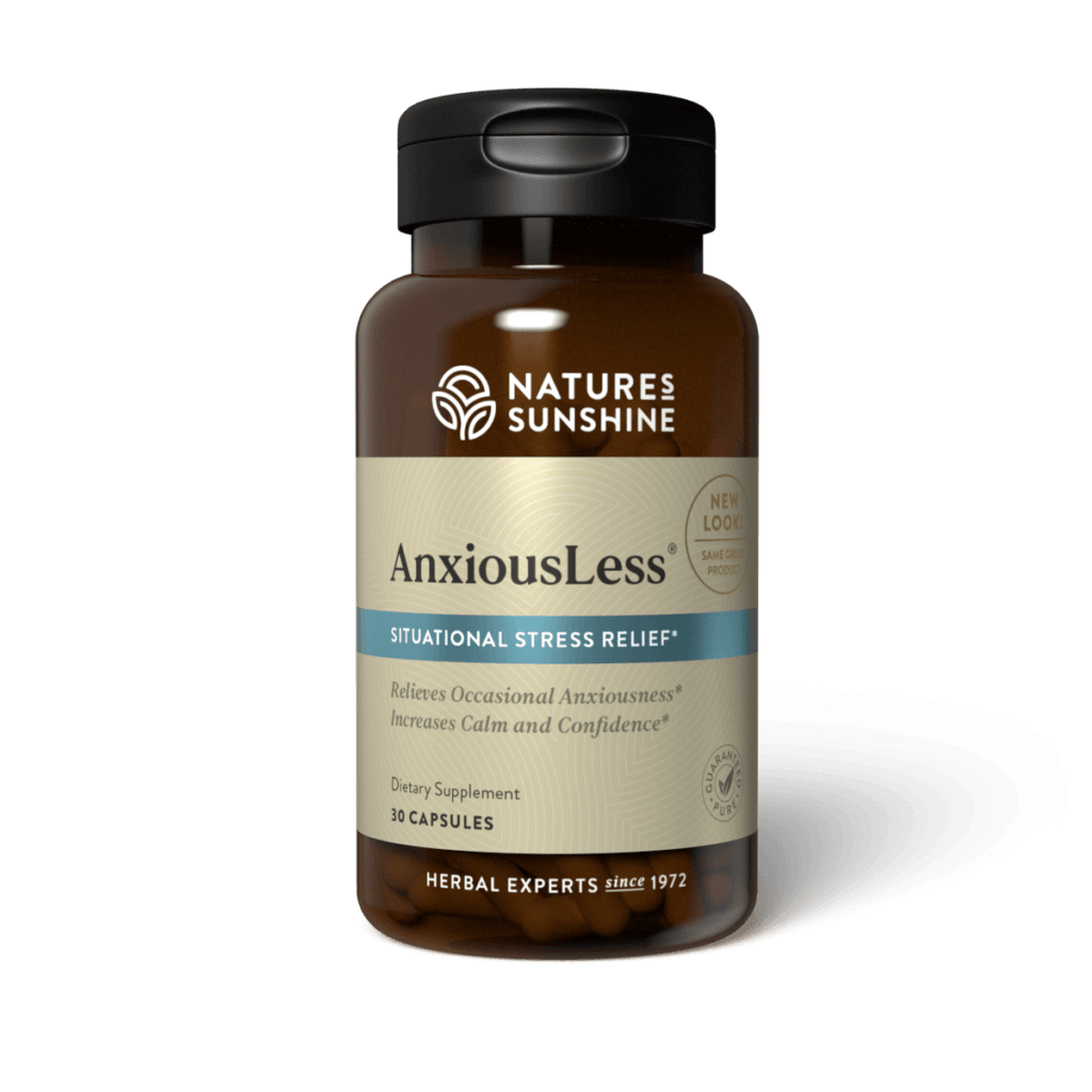 Bottle of AnxiousLess natural anxiety relief supplement by Nature’s Sunshine