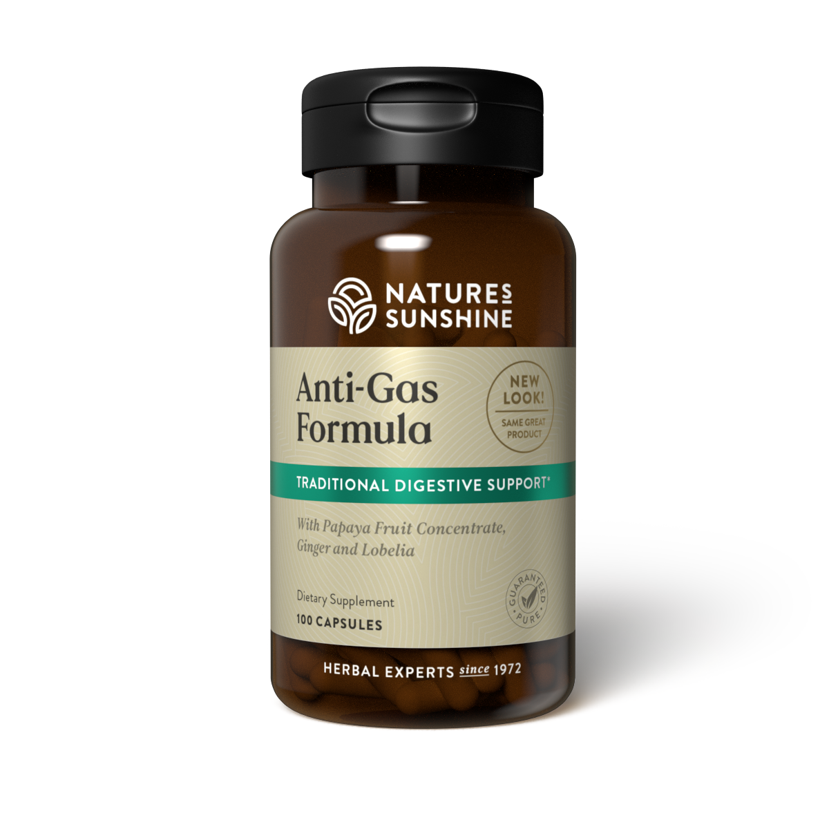 Anti-Gas Formula supplement bottle - Nature's Sunshine natural herbal gas relief with peppermint and ginger