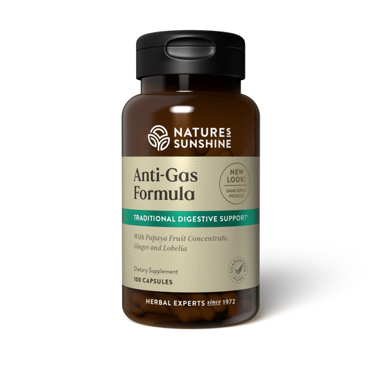 Anti-Gas Formula supplement bottle - Nature's Sunshine natural herbal gas relief with peppermint and ginger