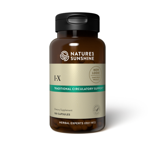 I‑X Herbal Immune Supplement bottle with echinacea, garlic, and golden seal for immune support and detox health.