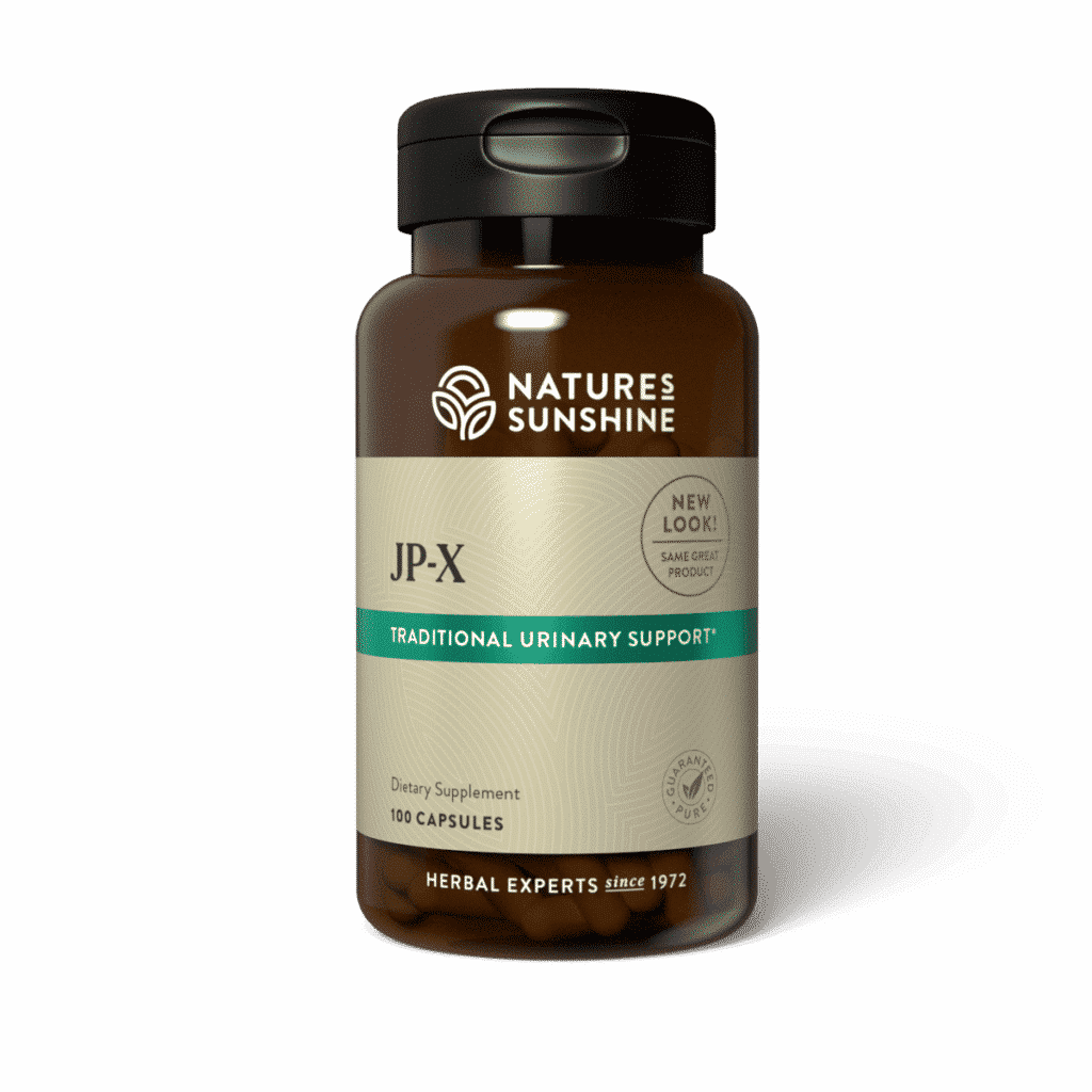 Bottle of JP-X kidney and urinary tract support supplement with herbs like uva ursi and juniper for natural detox and fluid balance.