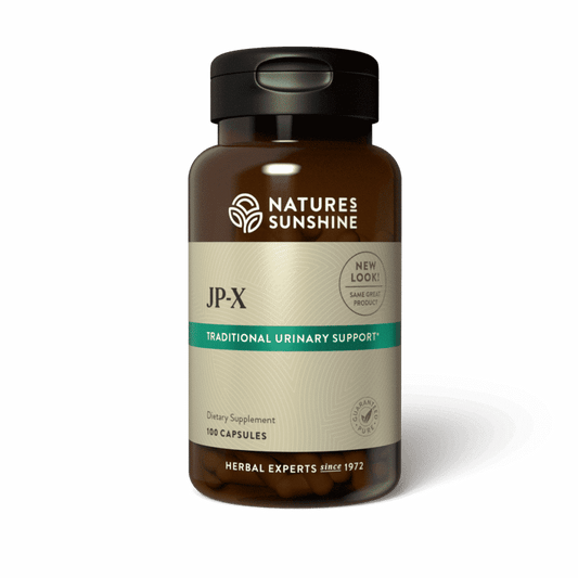 Bottle of JP-X kidney and urinary tract support supplement with herbs like uva ursi and juniper for natural detox and fluid balance.