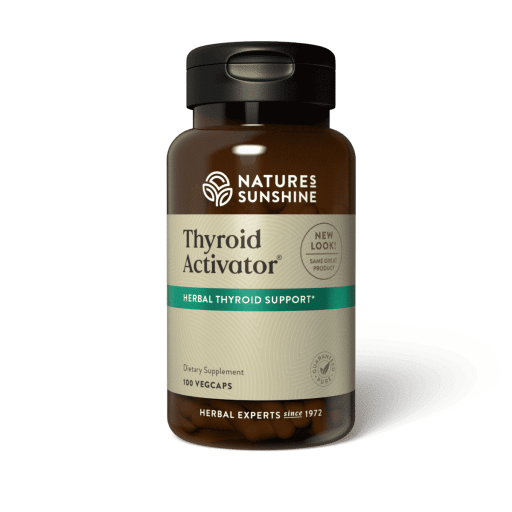 Herbal thyroid health support supplement with kelp, Irish moss, and black walnut to promote energy and metabolic balance.