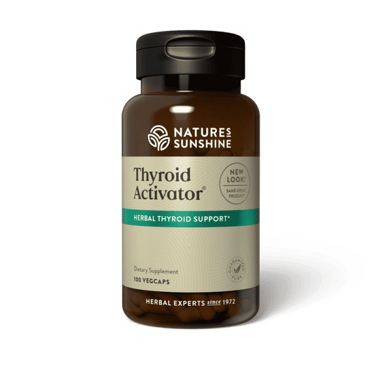 Herbal thyroid health support supplement with kelp, Irish moss, and black walnut to promote energy and metabolic balance.