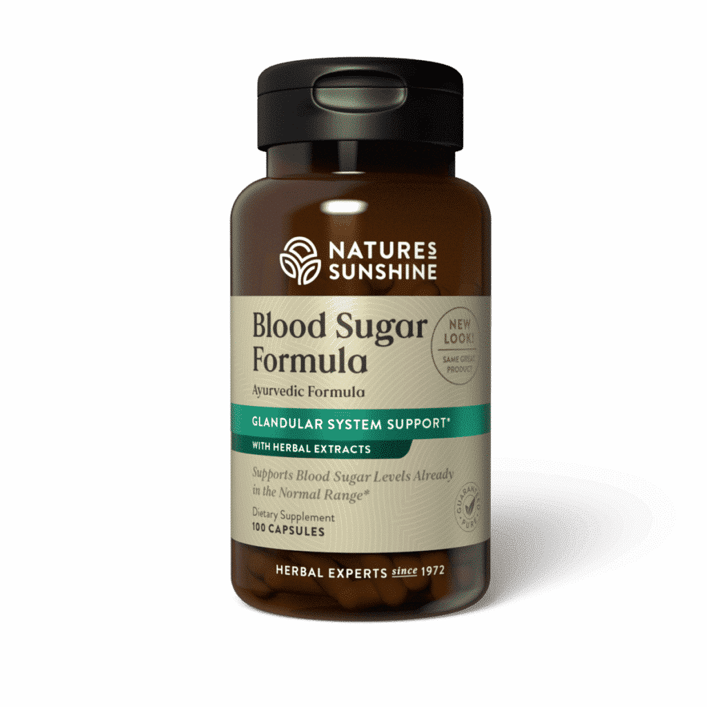 Blood Sugar Support Supplement bottle with cinnamon and herbs, symbolizing healthy glucose levels, insulin balance, and metabolic support.