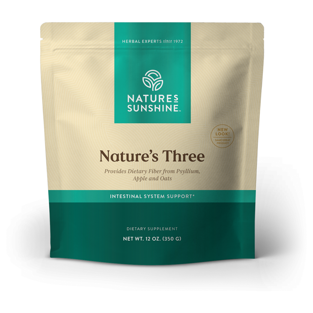 Nature’s Three Fiber Supplement canister with psyllium, oat, and apple fiber ingredients, supporting digestive health and regularity.