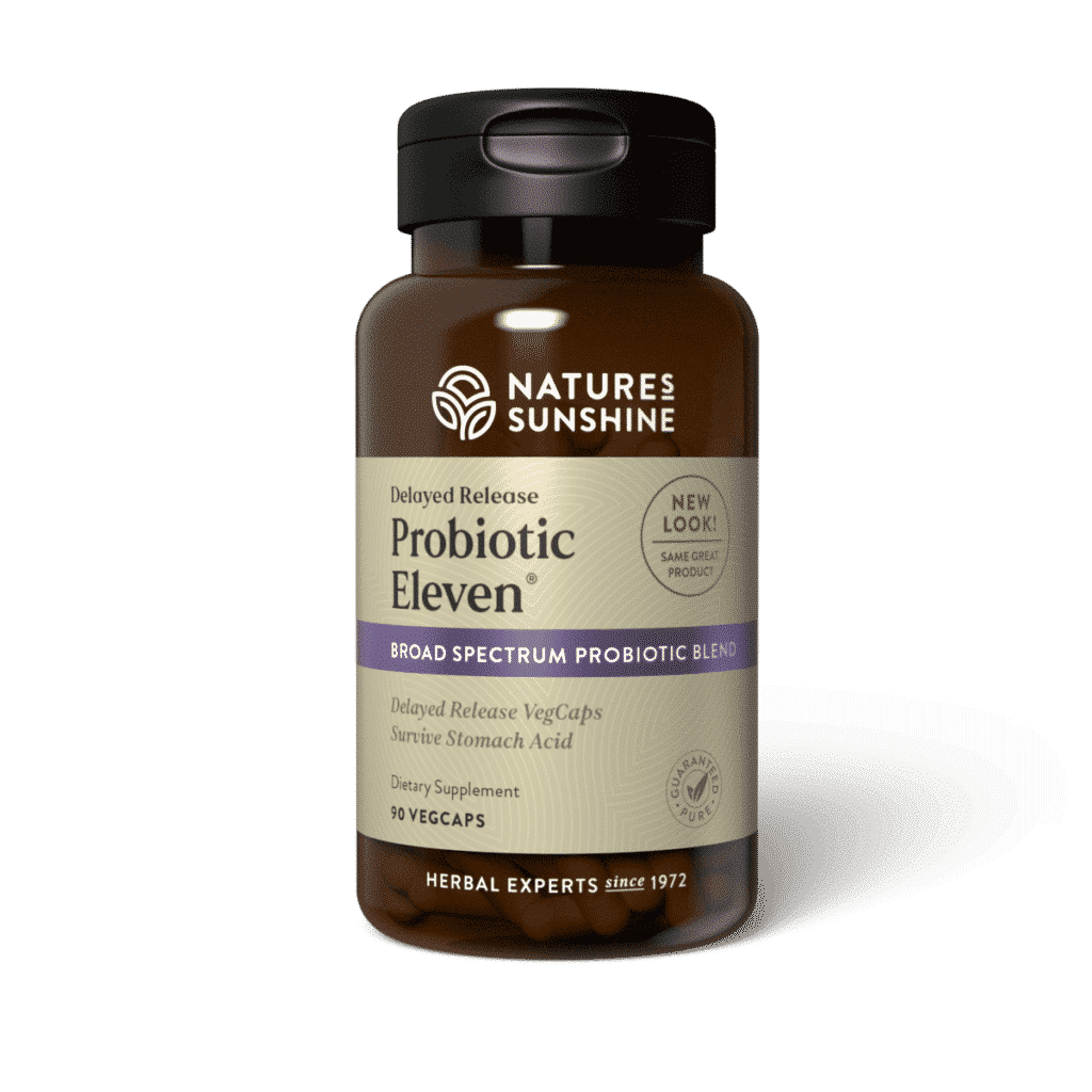 Probiotic Eleven Supplement bottle with probiotic icons, emphasizing 11‑strain digestive and immune support.