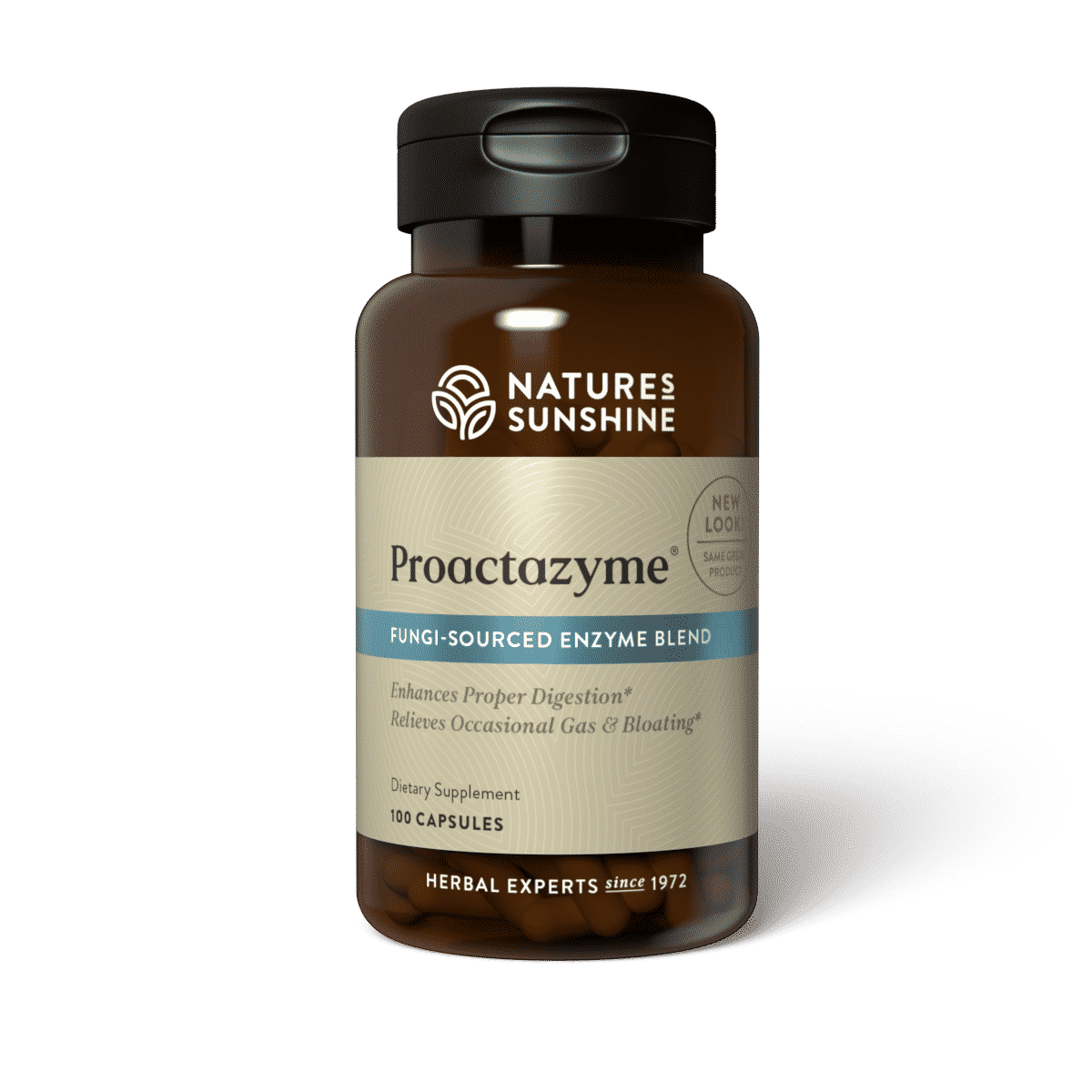 Proactazyme Digestive Enzymes bottle with food ingredients, symbolizing plant-based enzyme support for digestion and nutrient absorption.