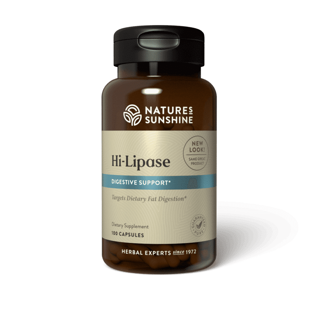 Hi-Lipase Digestive Enzyme bottle with fat-rich foods, symbolizing enhanced fat digestion, enzyme support, and digestive comfort.