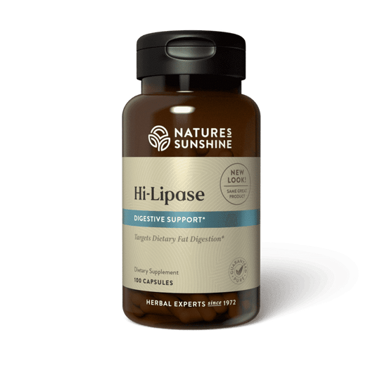 Hi-Lipase Digestive Enzyme bottle with fat-rich foods, symbolizing enhanced fat digestion, enzyme support, and digestive comfort.