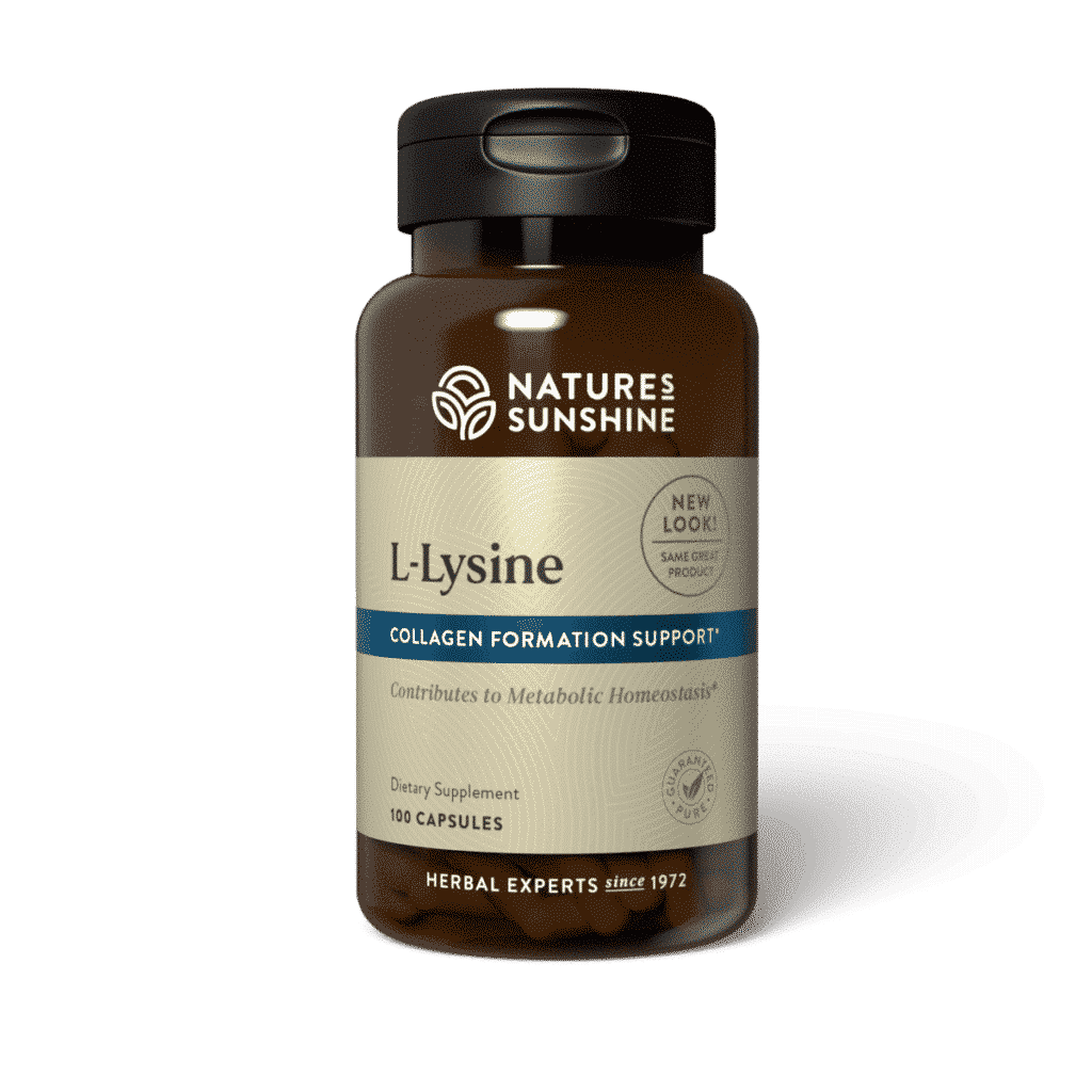 L-Lysine Supplement bottle with immune and tissue imagery, highlighting support for immunity, collagen synthesis, and tissue repair.