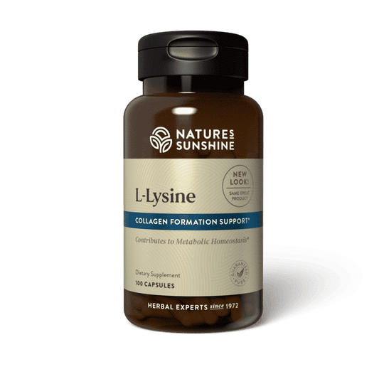 L-Lysine Supplement bottle with immune and tissue imagery, highlighting support for immunity, collagen synthesis, and tissue repair.