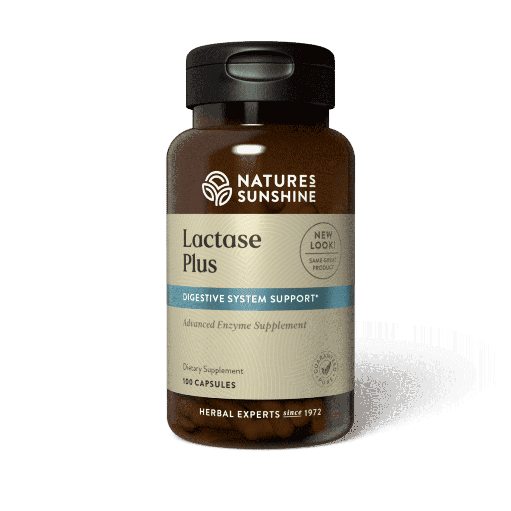 Lactase Plus Supplement bottle with dairy foods, representing digestive enzyme support for lactose intolerance and dairy sensitivity.