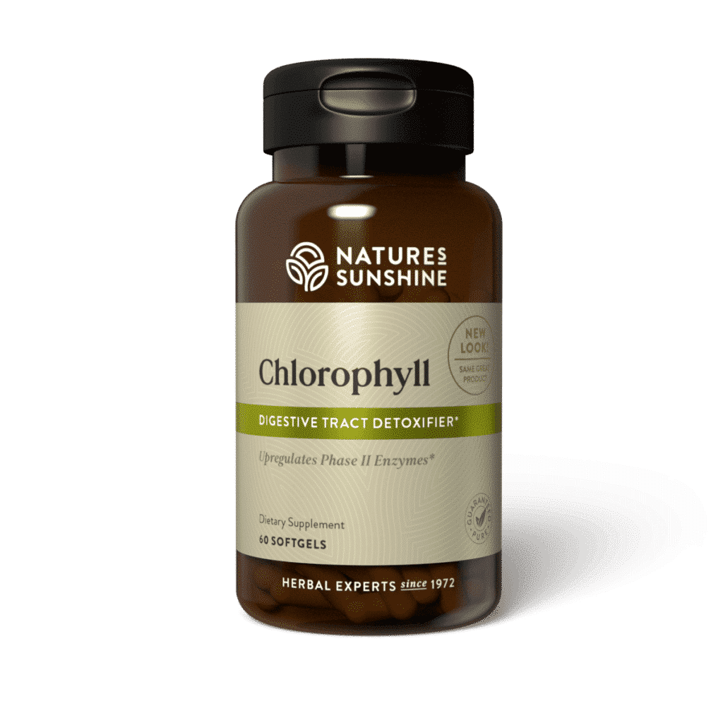 Chlorophyll Capsules bottle with green leaves, representing internal cleansing, natural deodorizing, and plant-based detox support.
