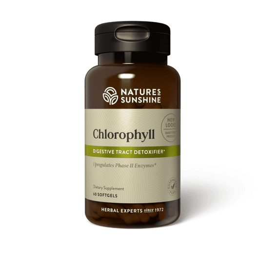 Chlorophyll Capsules bottle with green leaves, representing internal cleansing, natural deodorizing, and plant-based detox support.