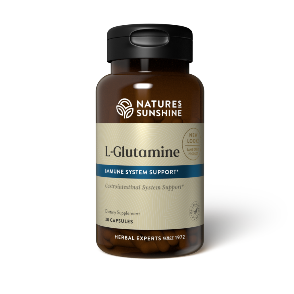 L-Glutamine Supplement bottle with fitness and gut health symbols, representing muscle recovery, digestive support, and immune function.