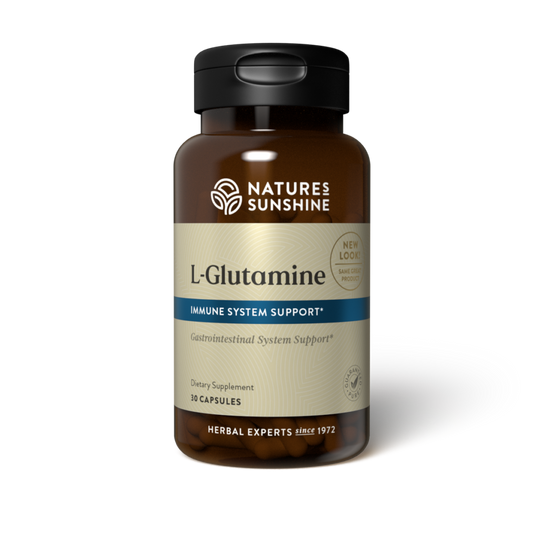 L-Glutamine Supplement bottle with fitness and gut health symbols, representing muscle recovery, digestive support, and immune function.