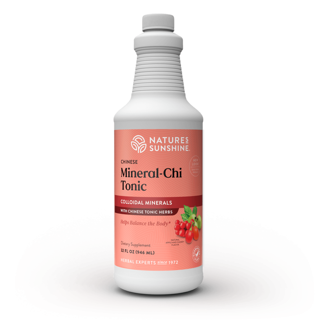 Mineral Chi Tonic Chinese Herbal Tonic bottle with herbs and minerals, representing natural energy support, vitality, and whole-body balance.