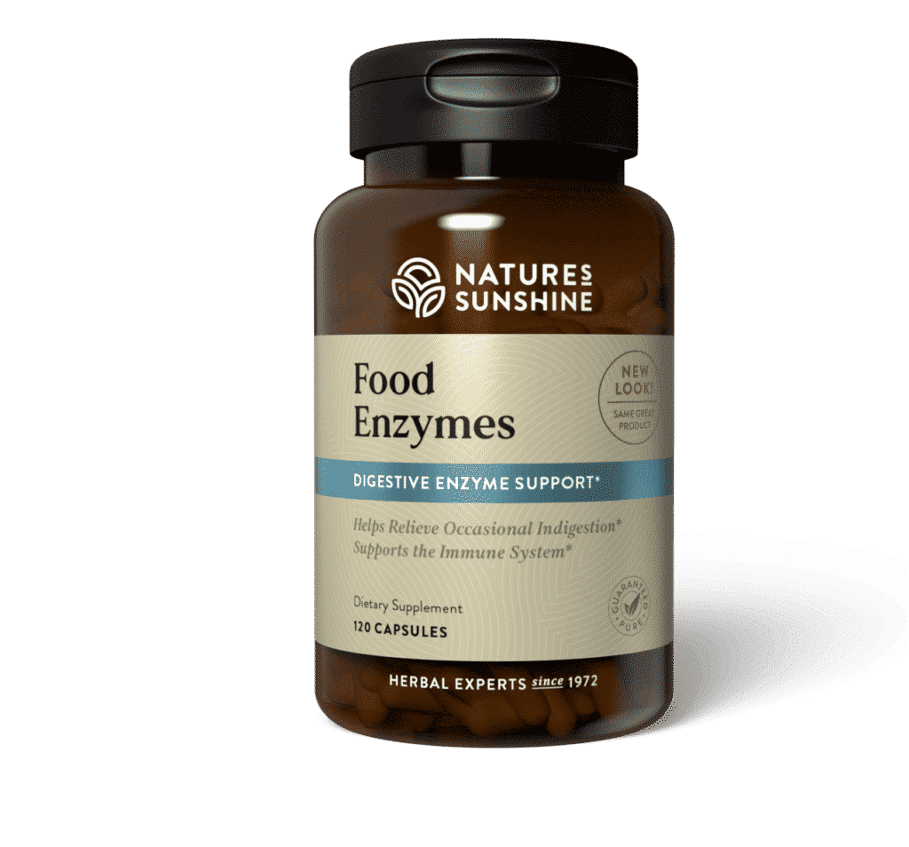 Food Enzymes Supplement bottle with digestive icons, representing support for protein, fat, and carbohydrate digestion and nutrient absorption.