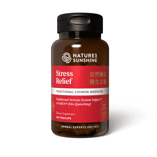 Stress Relief TCM Concentrate bottle with traditional Chinese herbs, representing emotional calm, stress support, and mental clarity.
