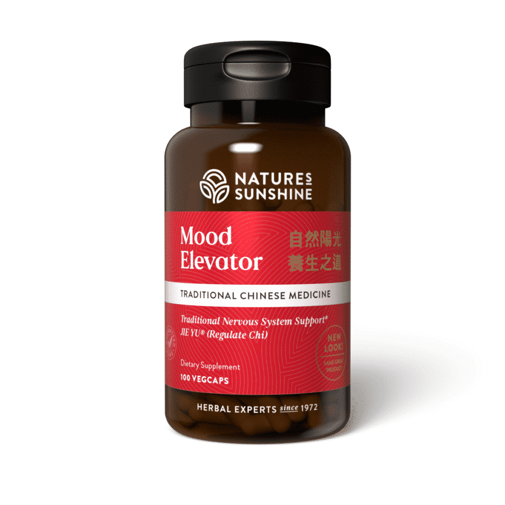 Mood Elevator Chinese Herbal Supplement bottle with traditional herbs, representing emotional balance, nervous system support, and stress relief.