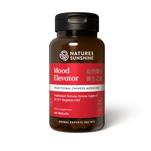 Mood Elevator Chinese Herbal Supplement bottle with traditional herbs, representing emotional balance, nervous system support, and stress relief.