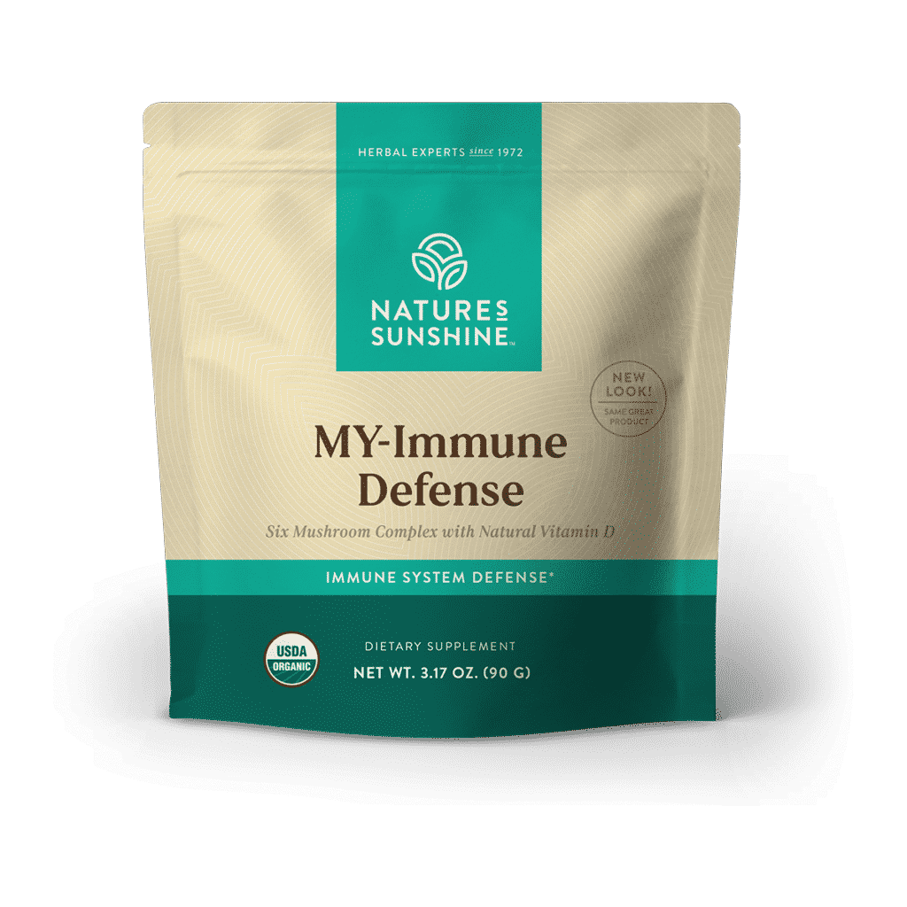 MY-Immune Defense mushroom immune support supplement powder container by Nature's Sunshine