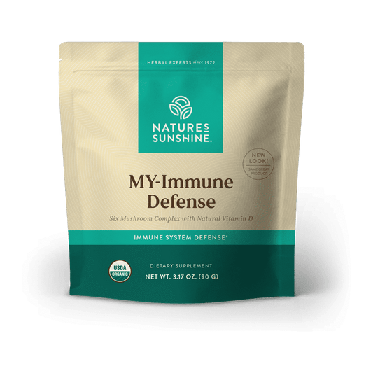 MY-Immune Defense mushroom immune support supplement powder container by Nature's Sunshine
