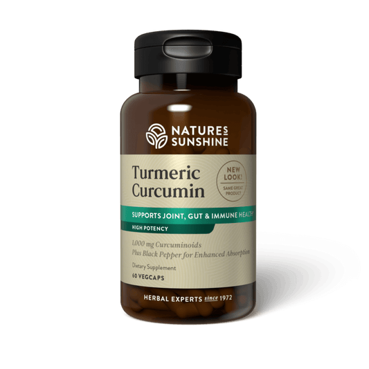 Turmeric Curcumin supplement bottle - Nature's Sunshine high potency turmeric extract with black pepper