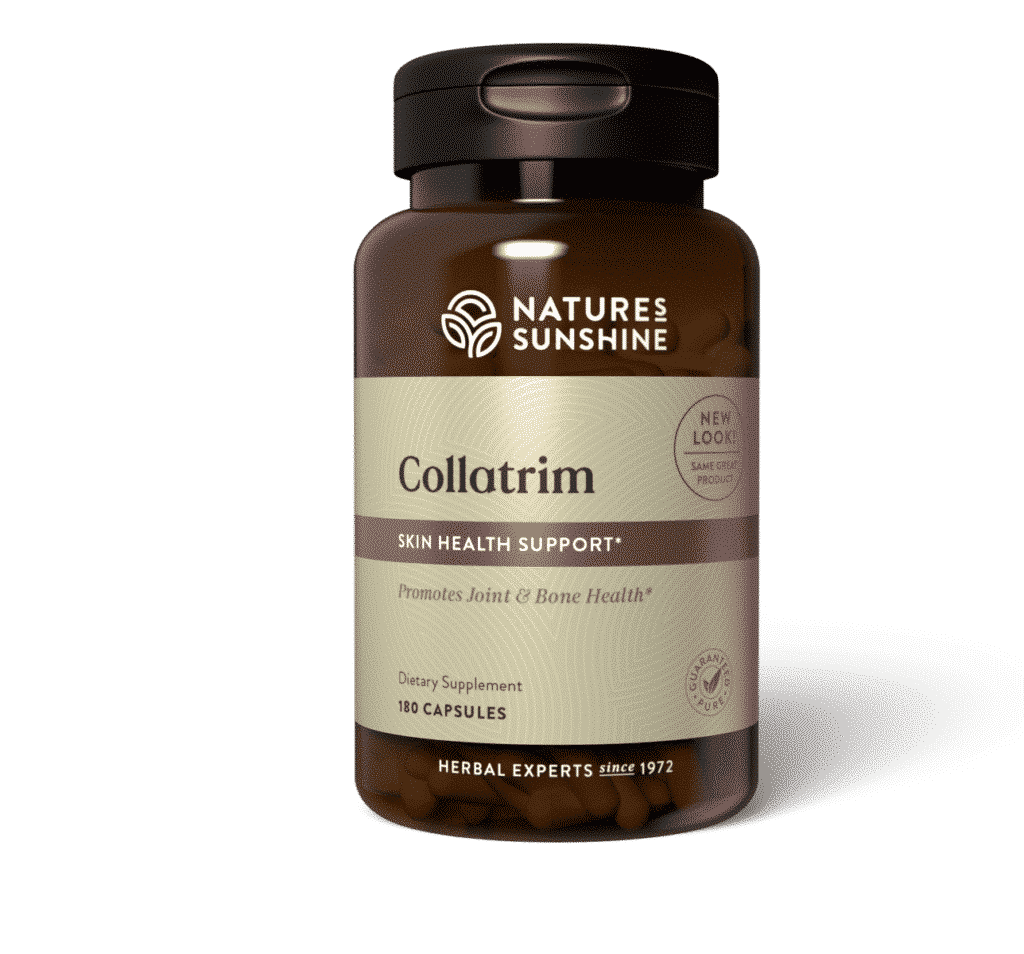 Collatrim Collagen Supplement bottle with collagen imagery, representing support for joints, skin elasticity, and healthy body composition.