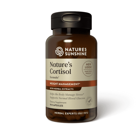 Nature’s Cortisol Stress Support bottle with adaptogenic herbs and vitamins, highlighting adrenal balance, energy, and mood support.