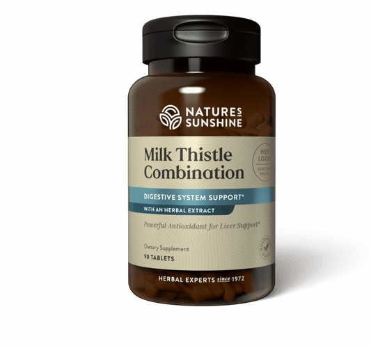 Milk Thistle Combination bottle for liver detox and milk thistle support with dandelion and herbal antioxidants.