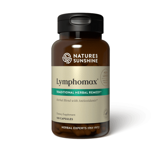 Lymphomax herbal supplement bottle for lymphatic system support and immune health with cleavers and red clover.