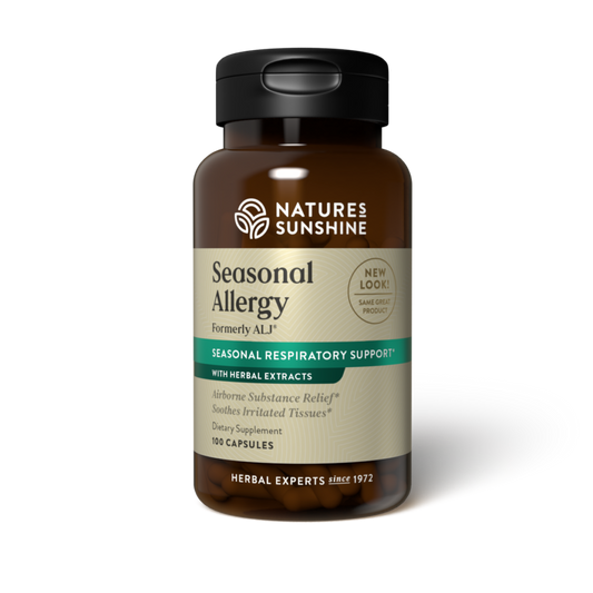Seasonal Allergy Support Supplement bottle with herbs and pollen imagery, representing natural respiratory relief and immune support.