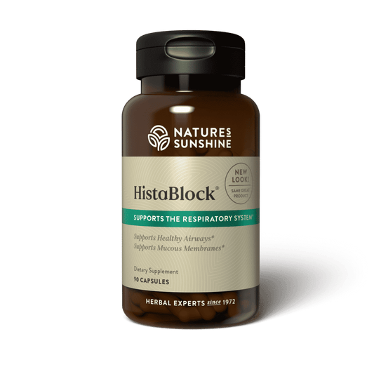 HistaBlock natural histamine support supplement with quercetin, bromelain, and stinging nettle for respiratory and immune health.