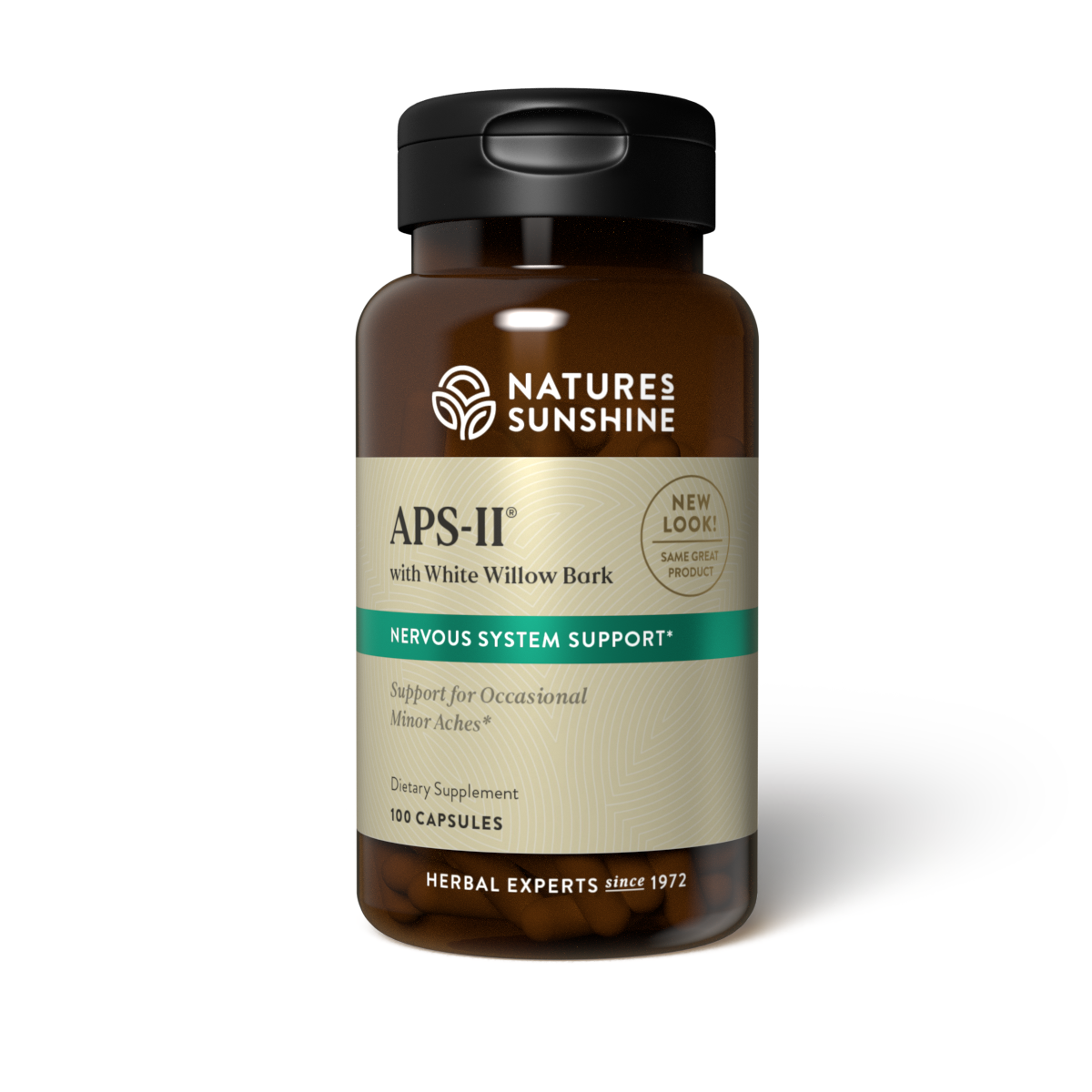 APS II Pain Relief Supplement bottle with white willow and herbs, symbolizing natural pain relief and nervous system support.