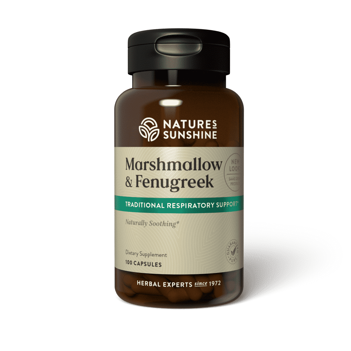 Marshmallow & Fenugreek bottle for respiratory and throat support with slippery elm and herbal immune ingredients.