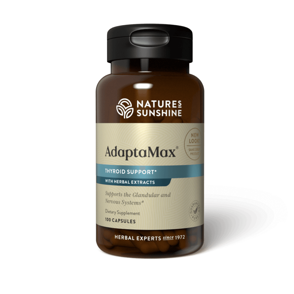 Adaptamax Herbal Supplement bottle with adaptogenic herbs and mushrooms, symbolizing energy, stress support, and immune resilience.