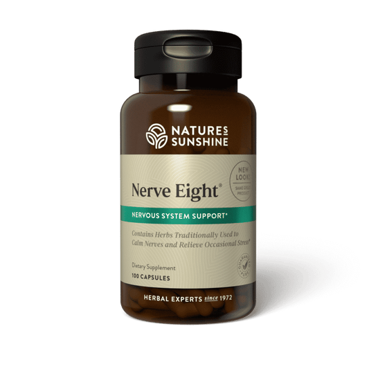 Nerve Eight supplement bottle offering natural nerve support with calming herbs.