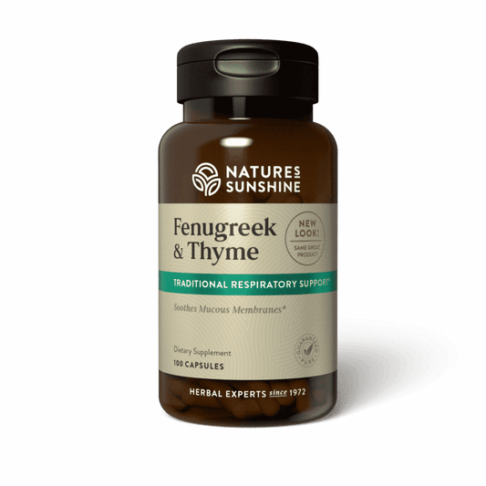 Respiratory Support Supplement bottle with fenugreek seeds and fresh thyme, supporting lung health and mucus balance naturally.